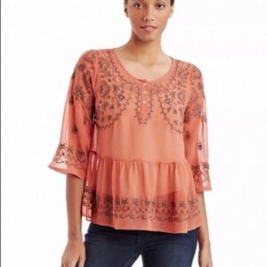 Free People Pennies Sequel Embroidered Top coral Peach small boho sheer